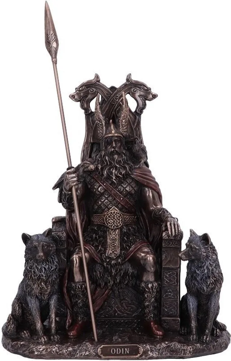 Beeld/figuur Odin - All Father Bronskleurig - beeld - Zittend op Troon met Wolven - Zeer gedetailleerd-Zware Kwaliteit van Nemesis Now in Brons – productfoto
