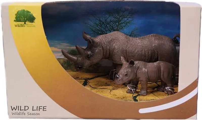 Moeder Neushoorn en kalf in Showbox - PVC - Wildlife - 14cm van Pia Soft Toys in Grijs – productfoto