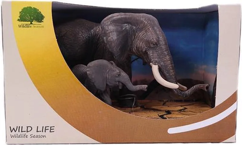 Moeder Olifant en kalf in Showbox - PVC - Wildlife - 18cm van Pia Soft Toys in Grijs – productfoto