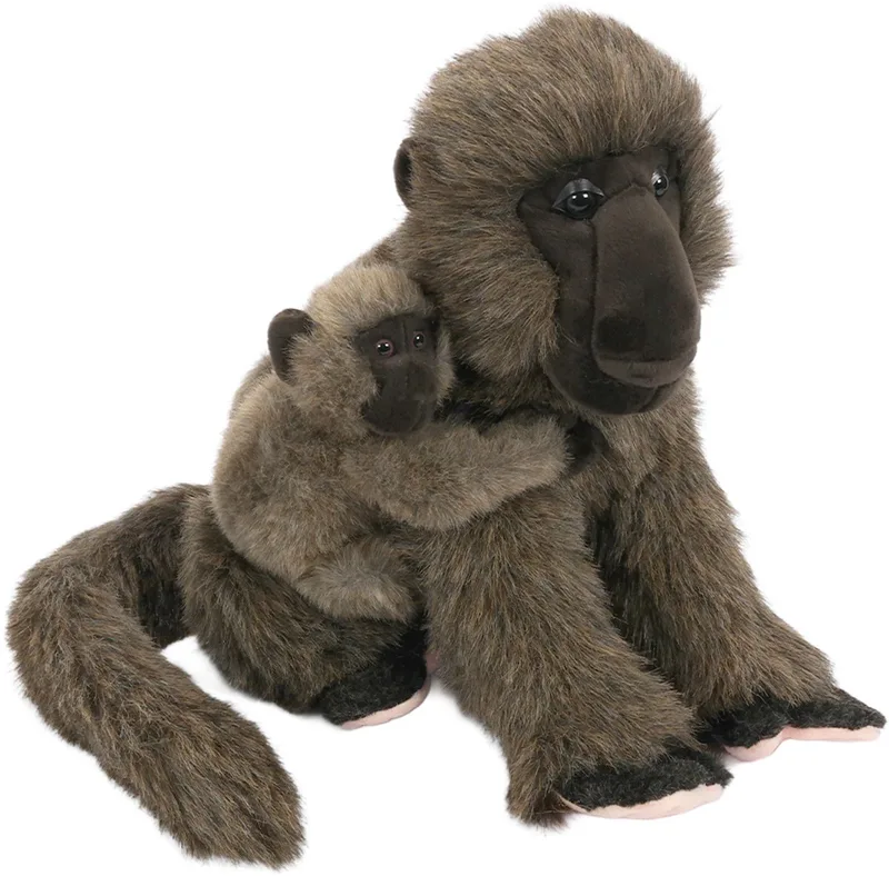 Pluche Knuffeldier - Baviaan zittend met baby op rug 34 cm van Pia Soft Toys in Bruin – productfoto
