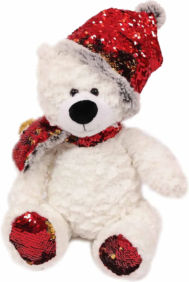 Pluche Knuffeldier- Kerstknuffel - IJsbeer met muts en sjaal met pailletjes rood - 30 cm van Pia Soft Toys in Wit – productfoto