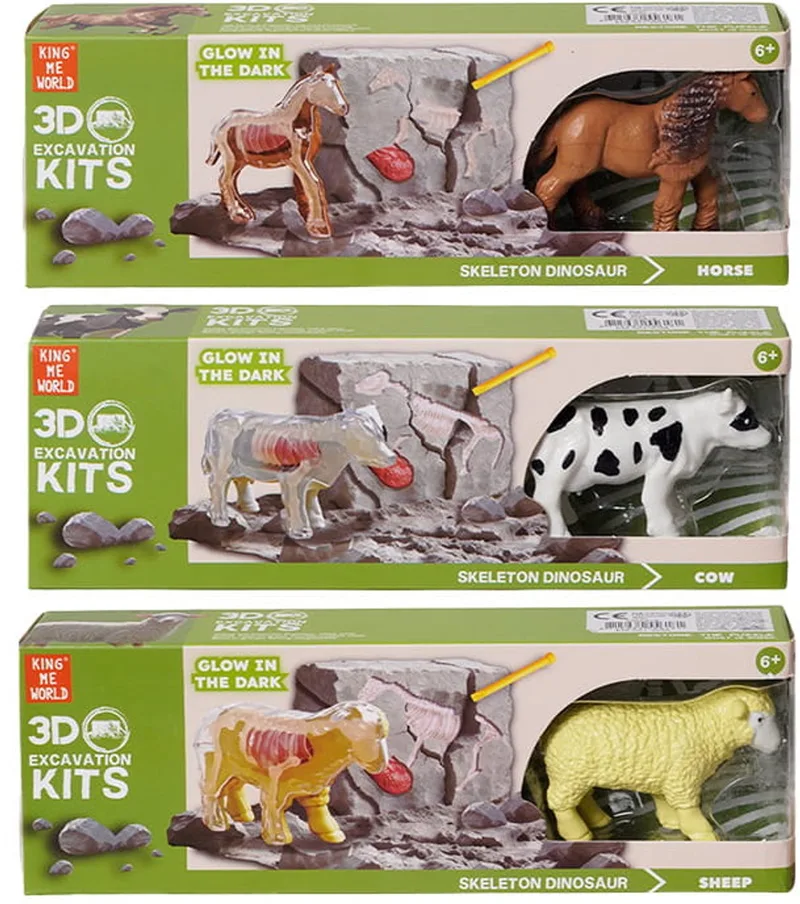 Speelfiguren - Boerderijdieren 3D opgravingsset glow-in-the-dark 3 ass. 10 cm x 3 cm x 5 cm by Pia Soft Toys in Green – product photo