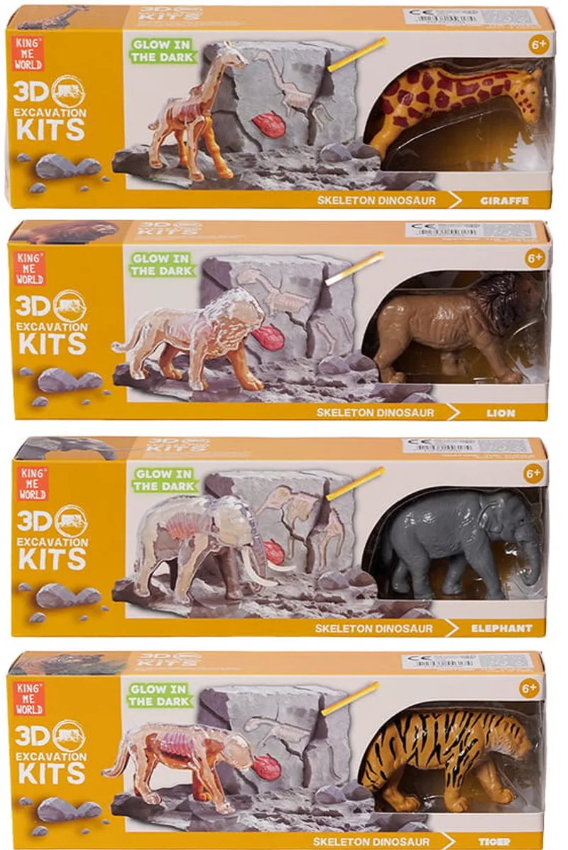 Speelfiguren - Wilde dieren 3D opgravingsset glow-in-the-dark 4 ass. 10 cm x 3 cm x 5 cm van Pia Soft Toys in Oranje – productfoto