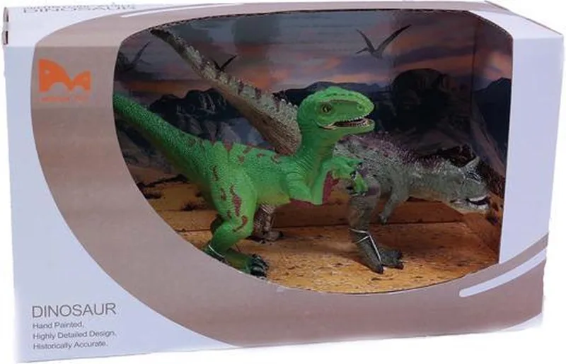 Velociraptor en Carnotaurus in showbox - PVC - Dinosaurus Prehistoric World - 22 cm by Pia Soft Toys in Green – product photo