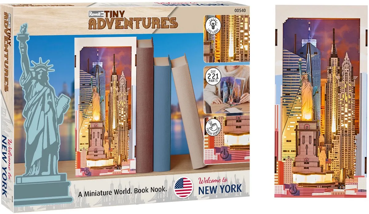 Modelbouwpakket - 00540 Tiny Adventures - New York - Boekhoekje met LED Verlichting - 18x11x23cm Houten de Revell en Multicolore – photo produit