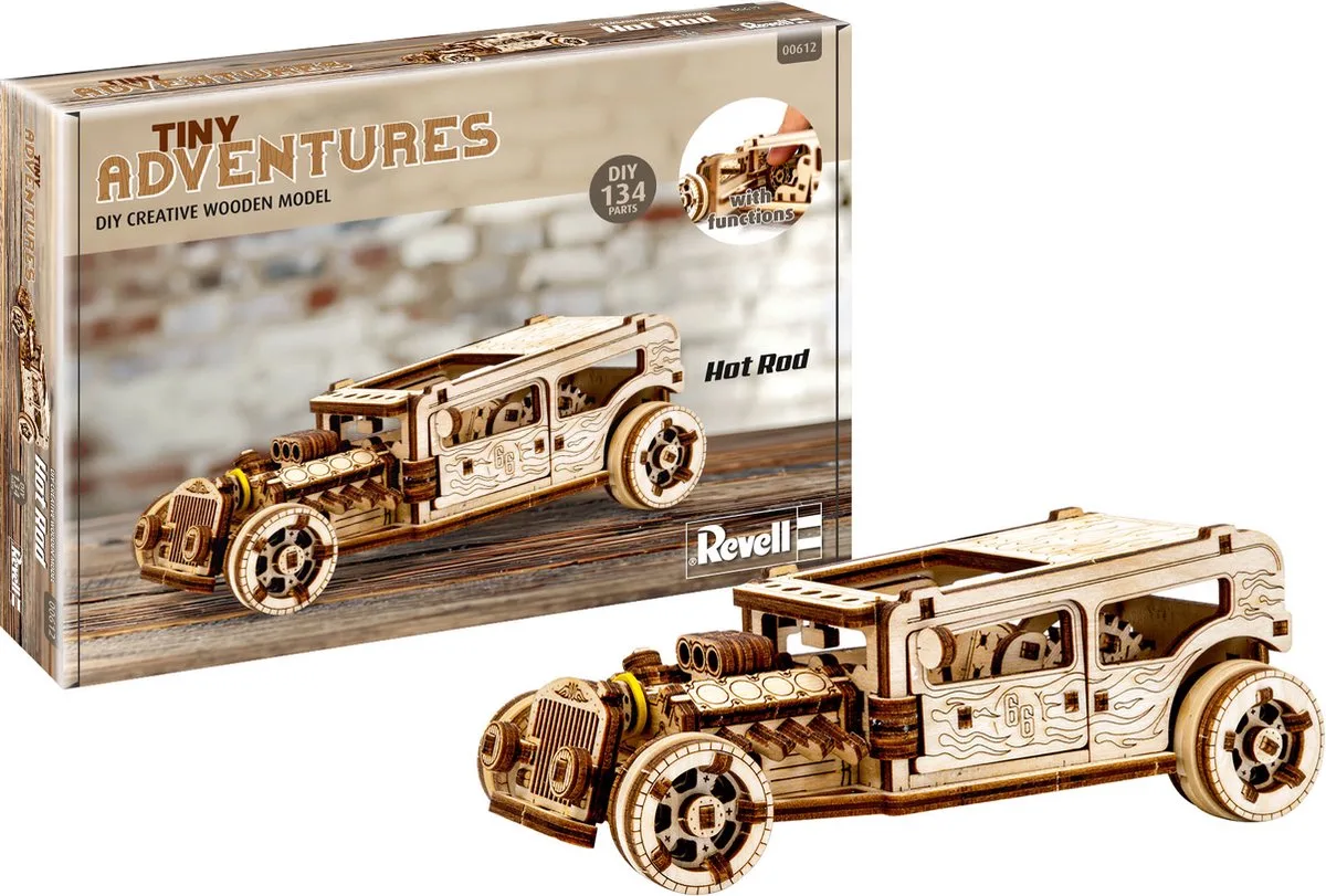 Modelbouwpakket - 00612 Tiny Adventures - Hot Rod Auto - Functioneel Model Houten - 1:32 - Modelbouw van Revell in Meerkleurig – productfoto
