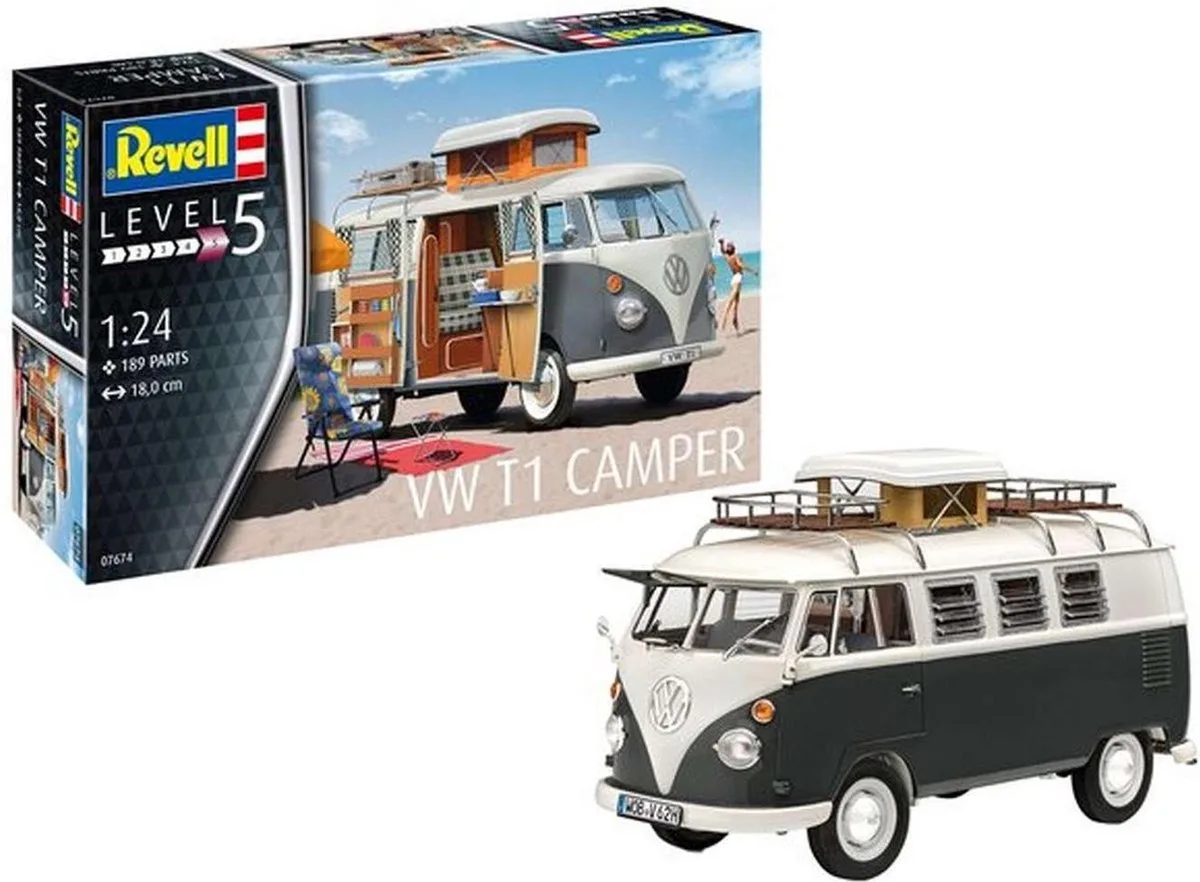 Modelbouwpakket Auto - 07674 VW Volkswagen T1 Camper Plastic - Volwassenen - 189 onderdelen - 1:24 van Revell in Meerkleurig – productfoto