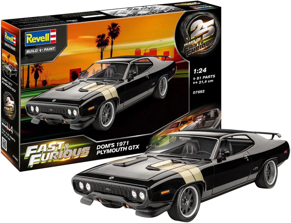 Modelbouwpakket Auto - 07692 25 Years of Fast - Furious - Dominic#039 1971 Plymouth GTX - Amerikaanse Muscle Car Plastic - 1:24 - Modelbouw van Revell in Meerkleurig – productfoto