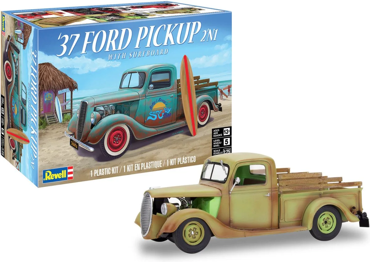 Modelbouwpakket Auto - 14516 1937 Ford Pickup with surfboard 2N1 Plastic - 1:25 - Modelbouw de Revell en Blanc – photo produit