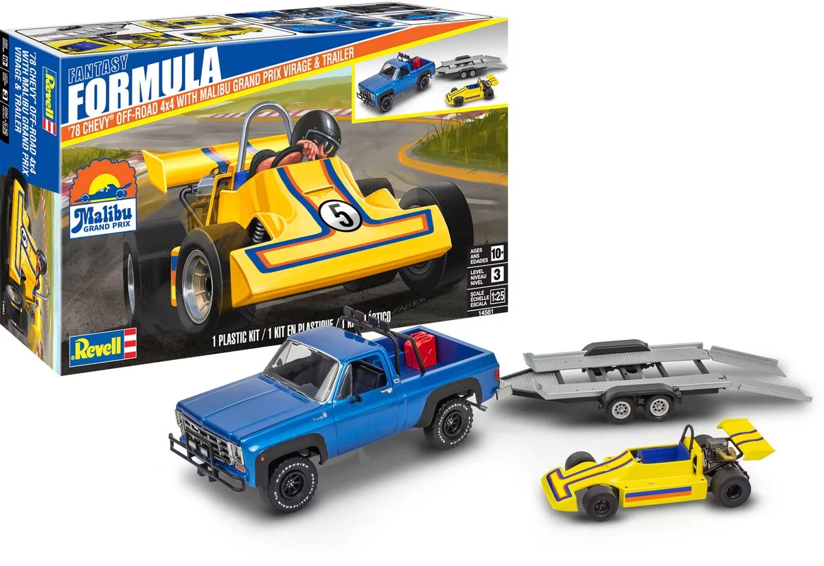 Modelbouwpakket Auto - 14581 Chevrolet 4x4 Pickup 1978 met Malibu GP Virage en Trailer - Truck, trailer en Rauto Plastic - 1:25 - Modelbouw de Revell en Multicolore – photo produit
