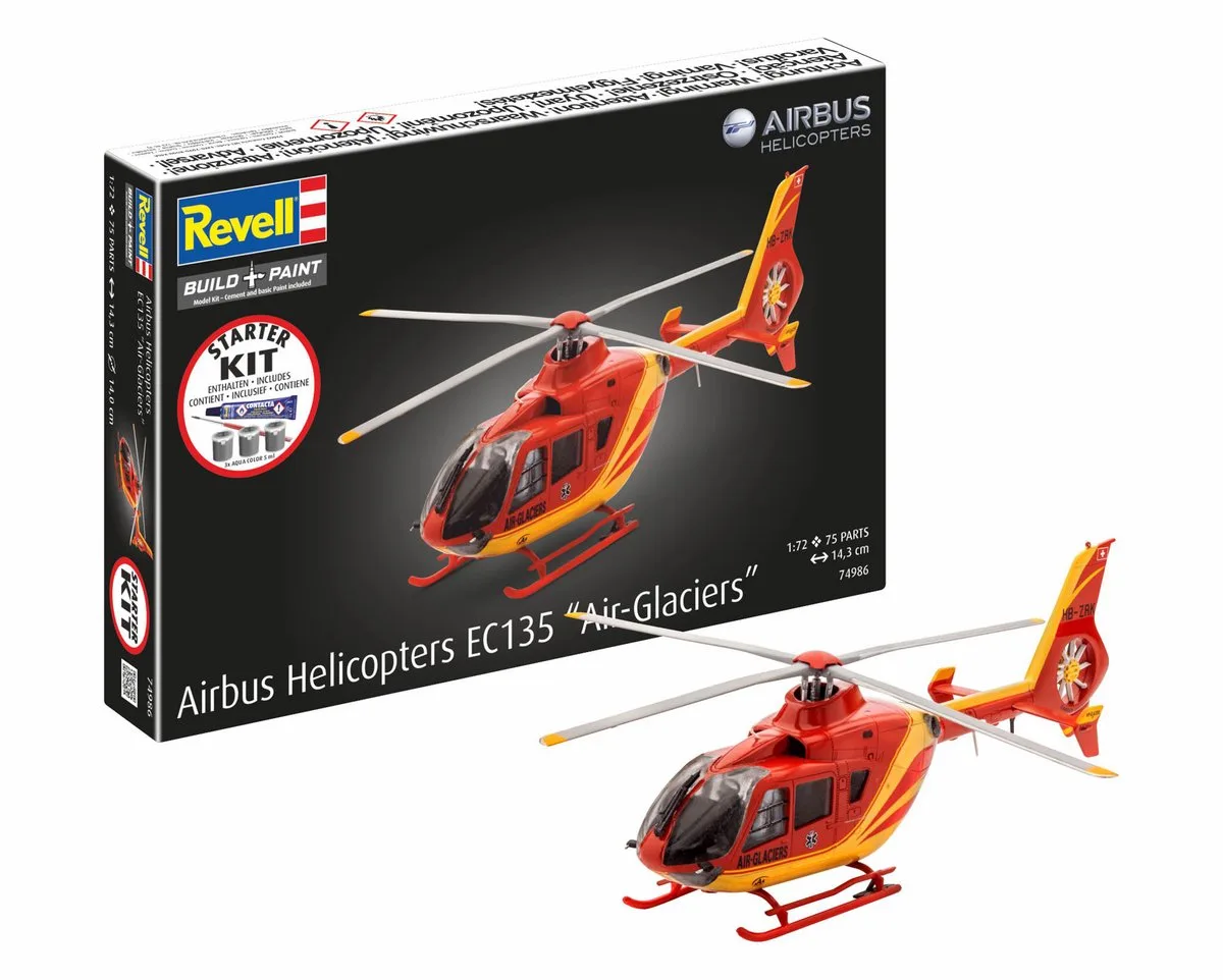 Modelbouwpakket Helikopters - 74986 Airbus Helicopters EC135 Air-Glaciers - Zwitserse Reddingshelikopter - Starter Kit Plastic - 1:72 - Modelbouw van Revell in Rood – productfoto