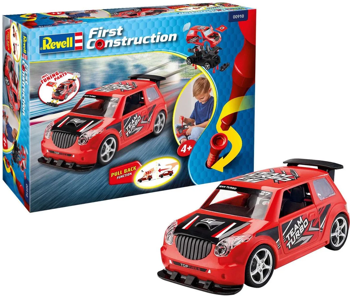 Modelbouwpakket Militaire voertuigen - 00910 Rallye Car with pullback motor - Red - First Construction Plastic - 1:20 - Modelbouw van Revell in Rood – productfoto
