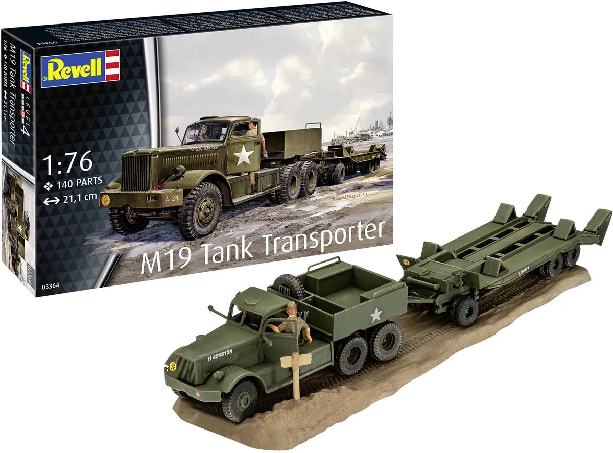 Modelbouwpakket Militaire voertuigen - 03364 M19 Tank Transporter - Militaire Vrachtwagen met Aanhanger Plastic - 1:76 - Modelbouw van Revell in Meerkleurig – productfoto