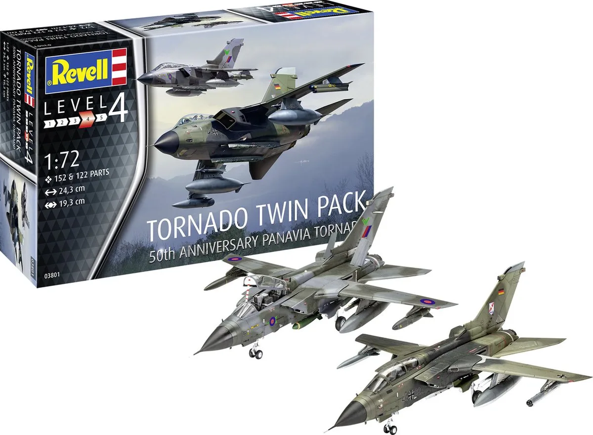 Modelbouwpakket Militaire voertuigen - 03801 Tornado Twin-Pack - 50e verjaardag Panavia Tornado - 2 Straaljagers Plastic - 1:72 - Modelbouw de Revell en Multicolore – photo produit
