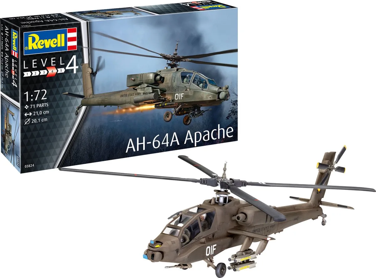 Modelbouwpakket Militaire voertuigen - 03824 AH-64A Apache Heli Plastic - 1:72 - Modelbouw van Revell in Meerkleurig – productfoto