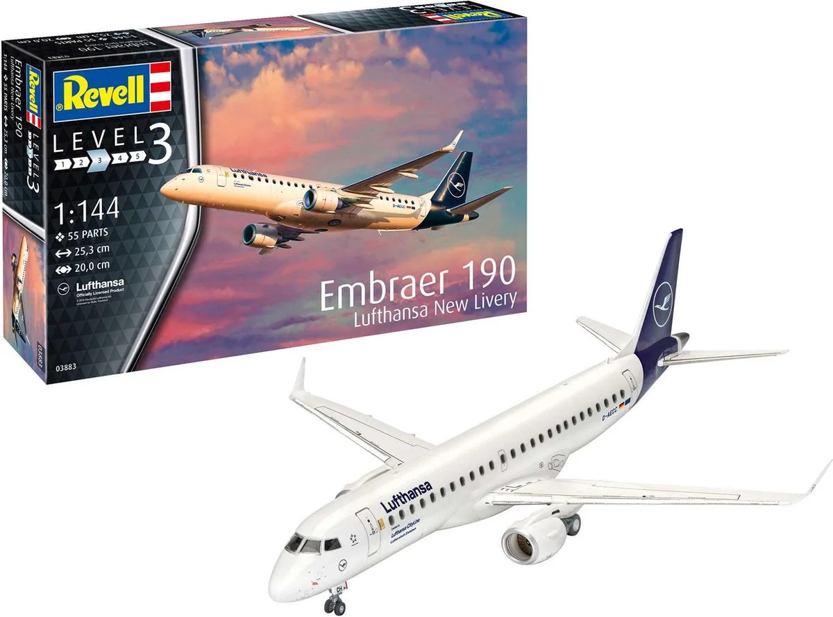 Modelbouwpakket Militaire voertuigen - 03883 Embraer 190 Lufthansa Plane - New Livery Plastic - 1:144 - Modelbouw van Revell in Meerkleurig – productfoto
