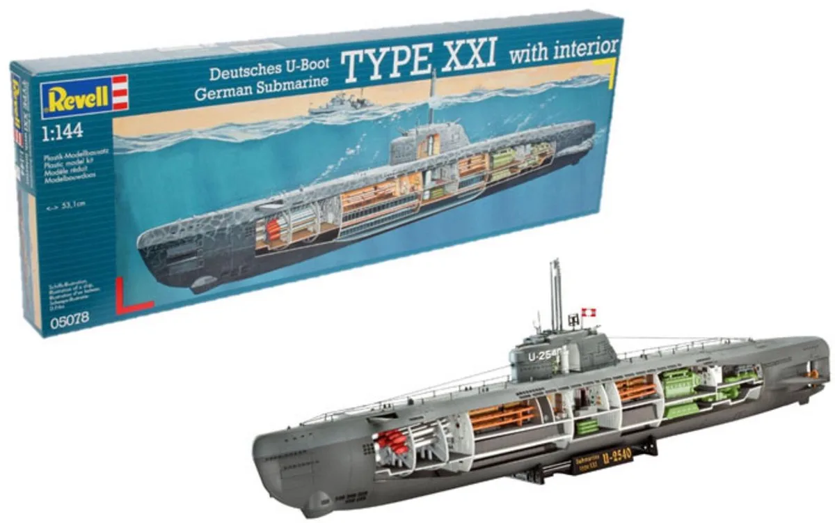 Modelbouwpakket Militaire voertuigen - 05078 Deutsches U-Boot Typ XXI mit Interieur Plastic - 1:144 - Modelbouw van Revell in Meerkleurig – productfoto