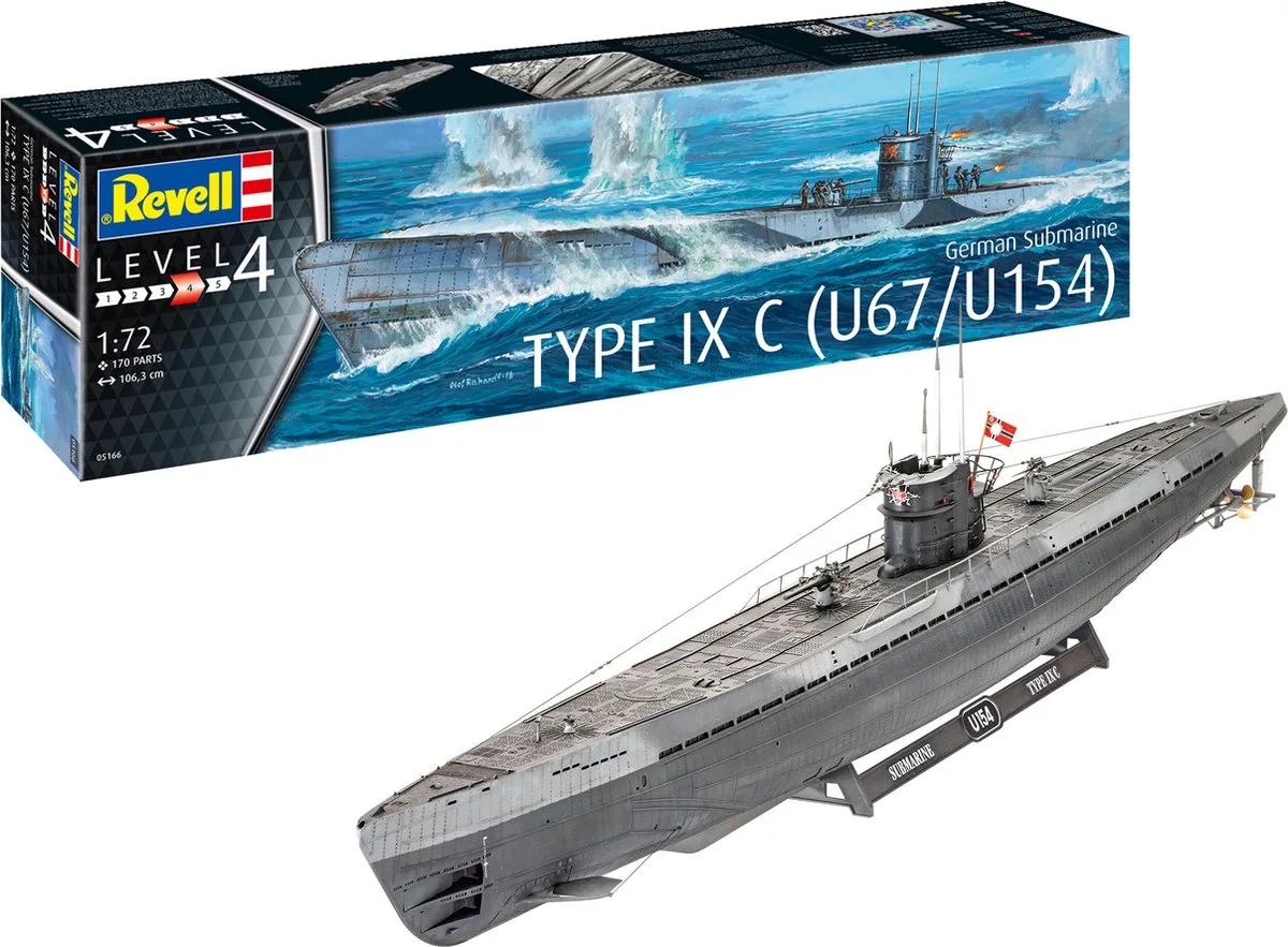 Modelbouwpakket Militaire voertuigen - 05166 German Submarine Type IX C - U67 or U154 Plastic - 1:72 - Modelbouw van Revell in Meerkleurig – productfoto
