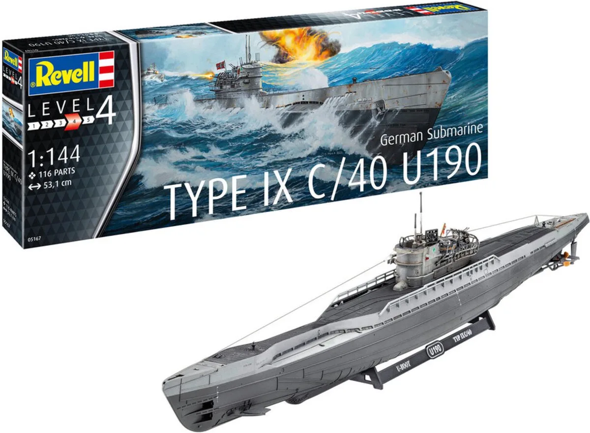Modelbouwpakket Militaire voertuigen - 05167 Duitse Submarine Type IX C/40 (U190) - Duikboot Plastic - 1:144 - Modelbouw van Revell in Meerkleurig – productfoto