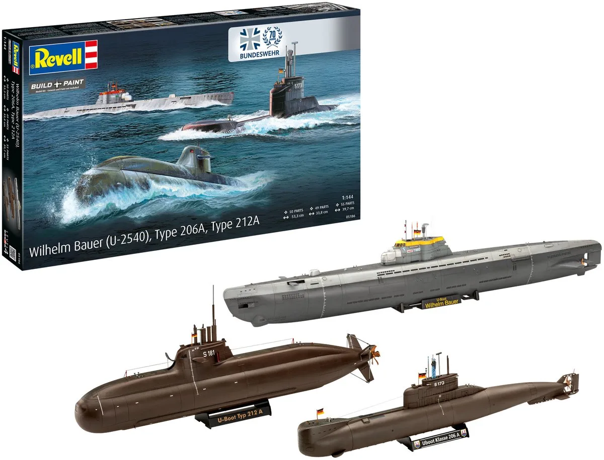 Modelbouwpakket Militaire voertuigen - 05186 - 70 Jaar Bundeswehr - 3 Duitse Onderzeeërs - Exclusieve Jubileumeditie Plastic - 1:144 - Modelbouw van Revell in Meerkleurig – productfoto