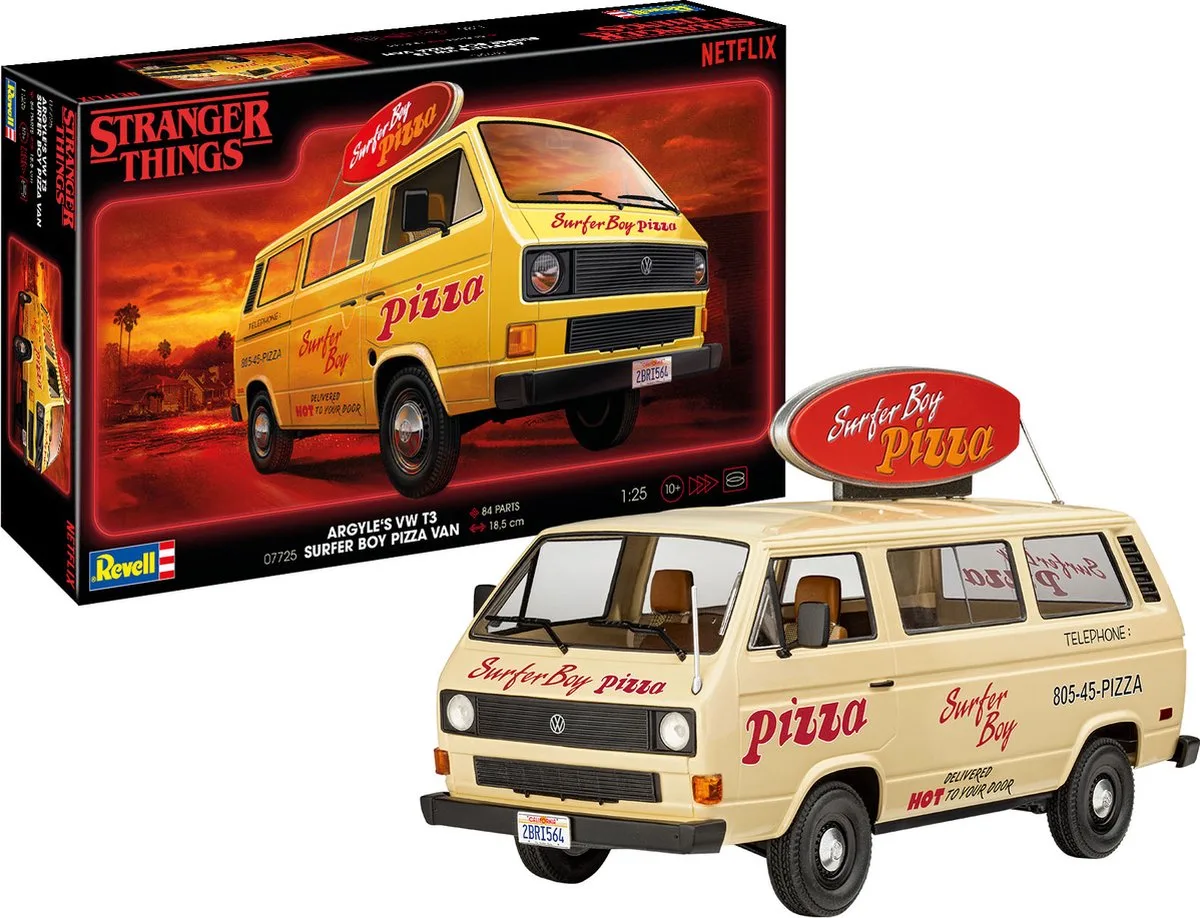 Modelbouwpakket Militaire voertuigen - 07725 Stranger Things - Surfer Boy Argyle#039 VW T3 Pizza Bus Plastic - 1:25 - Modelbouw van Revell in Meerkleurig – productfoto