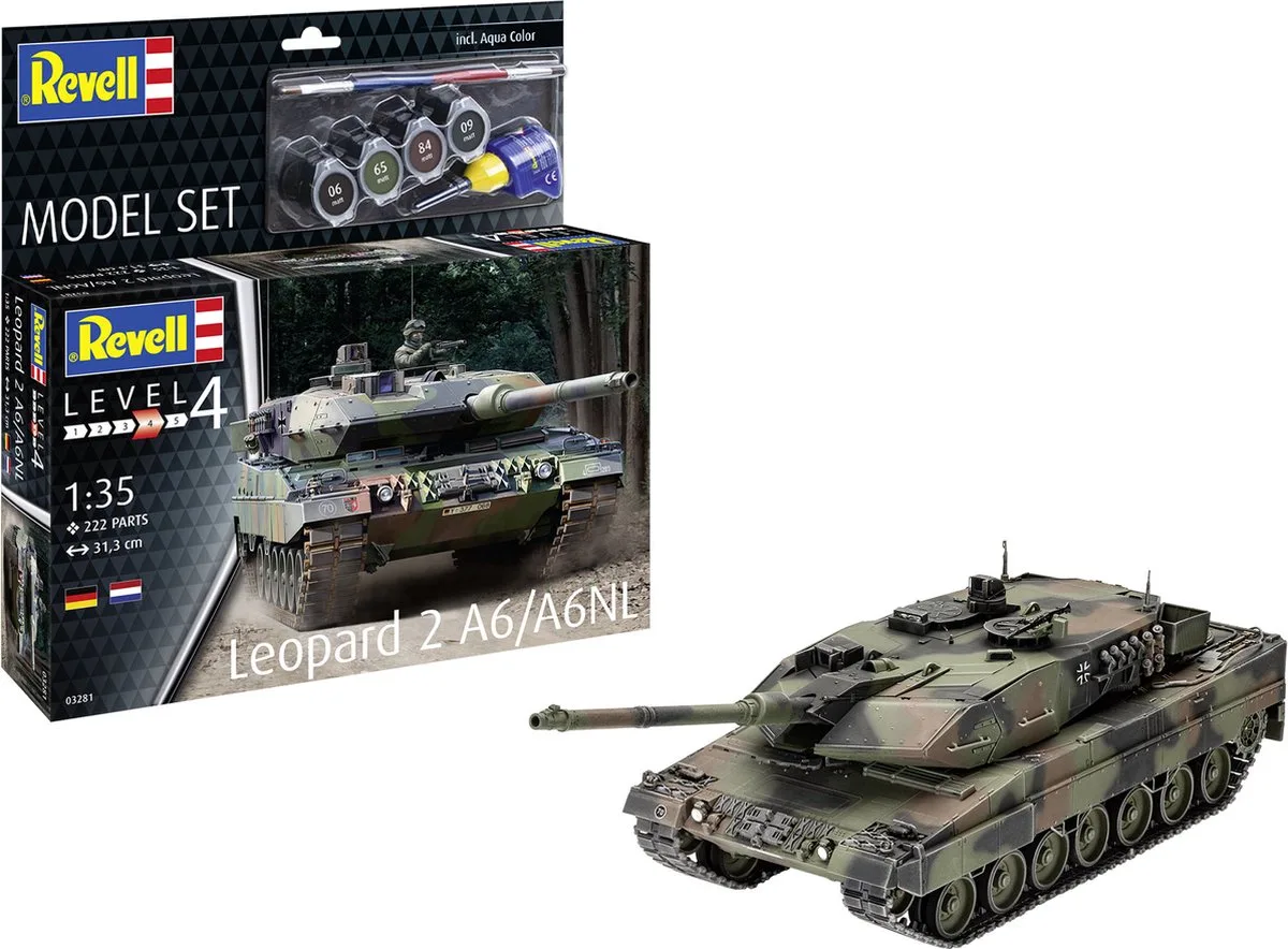 Modelbouwpakket Militaire voertuigen - 63281 Leopard 2 A6/A6NL Tank met Duitse en Nederlandse Decals - Model Set Plastic - 1:35 - Modelbouw de Revell en Multicolore – photo produit