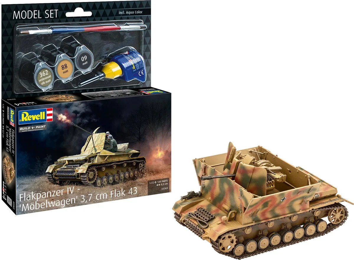 Modelbouwpakket Militaire voertuigen - 63363 Duitse Flakpanzer IV Möbelwagen 3,7 cm Flak 43 WWII - Tank - Model Set Plastic - 1:72 - Modelbouw de Revell en Multicolore – photo produit