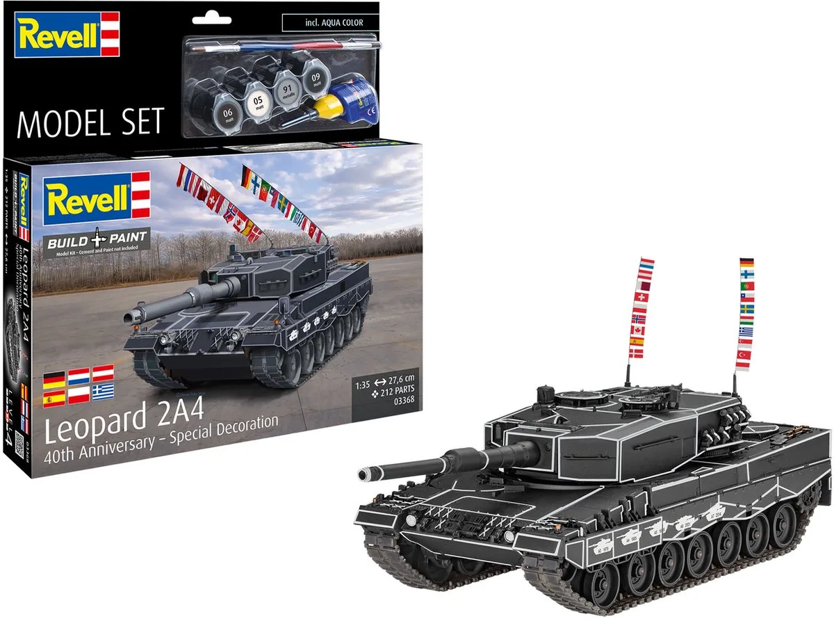 Modelbouwpakket Militaire voertuigen - 63368 Leopard 2A4 - 40th Anniversary - Special Decoration - Duitse Tank - Model Set Plastic - 1:35 - Modelbouw de Revell en Multicolore – photo produit