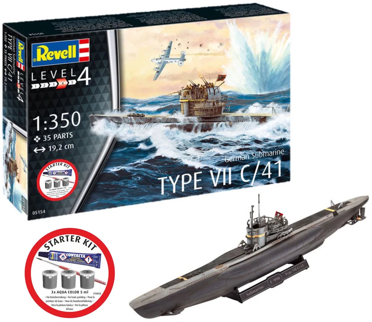 Modelbouwpakket Militaire voertuigen - 75154 Duitse Onderzeeër Type VII C/41 - WWII U-boot - Starter Kit Plastic - 1:350 - Modelbouw van Revell in Meerkleurig – productfoto