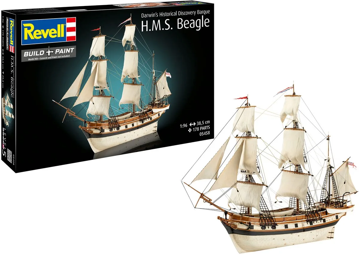 Modelbouwpakket Schepen - 05458 H.M.S. Beagle -Darwin#039 Historical Discovery Barque - Schip Plastic - 1:96 - Modelbouw van Revell in Meerkleurig – productfoto
