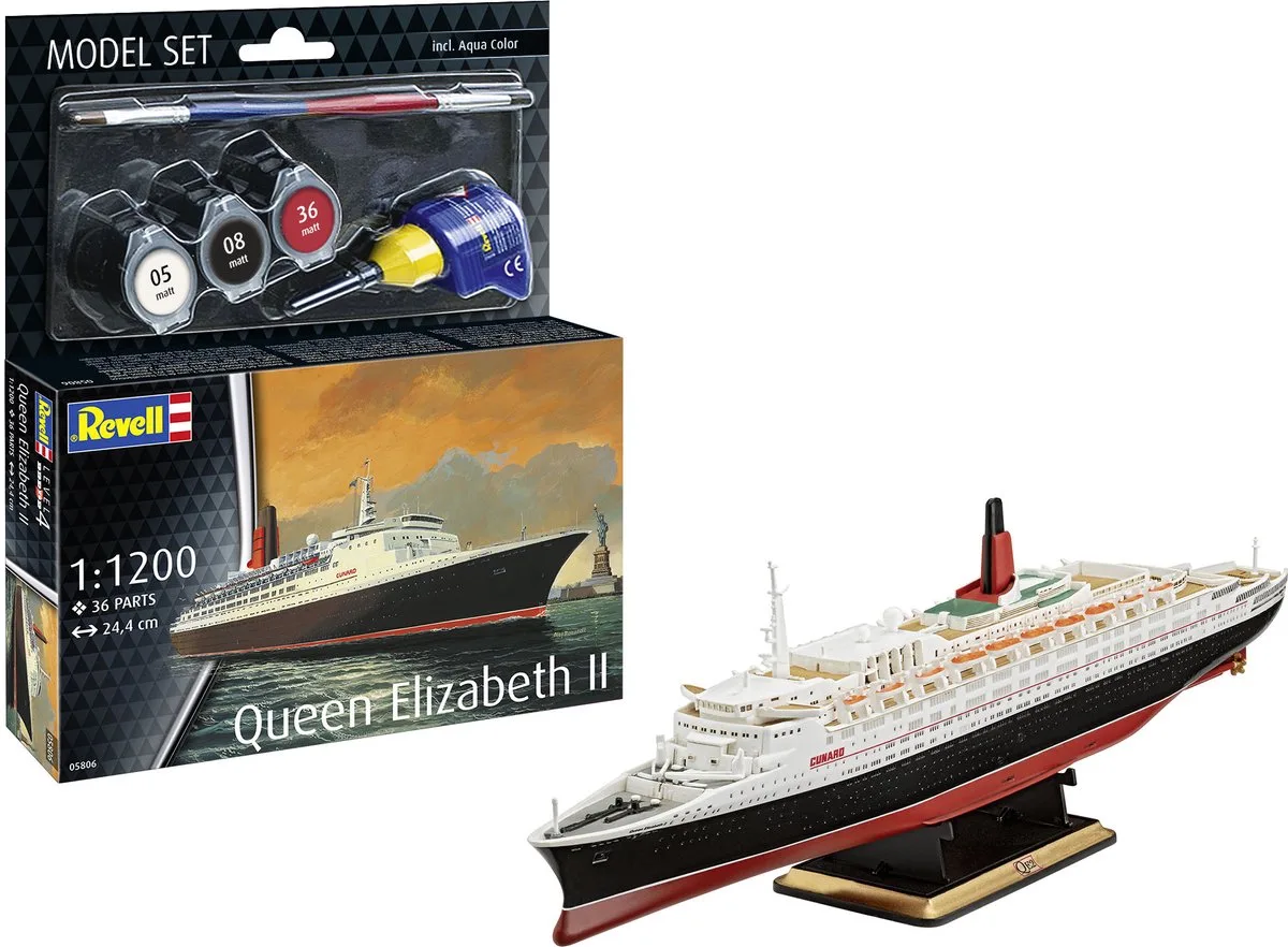 Modelbouwpakket Schepen - 65806 RMS Queen Elizabeth 2 - Oceaan Passagiersschip - Model Set Plastic - 1:1200 - Modelbouw van Revell in Meerkleurig – productfoto