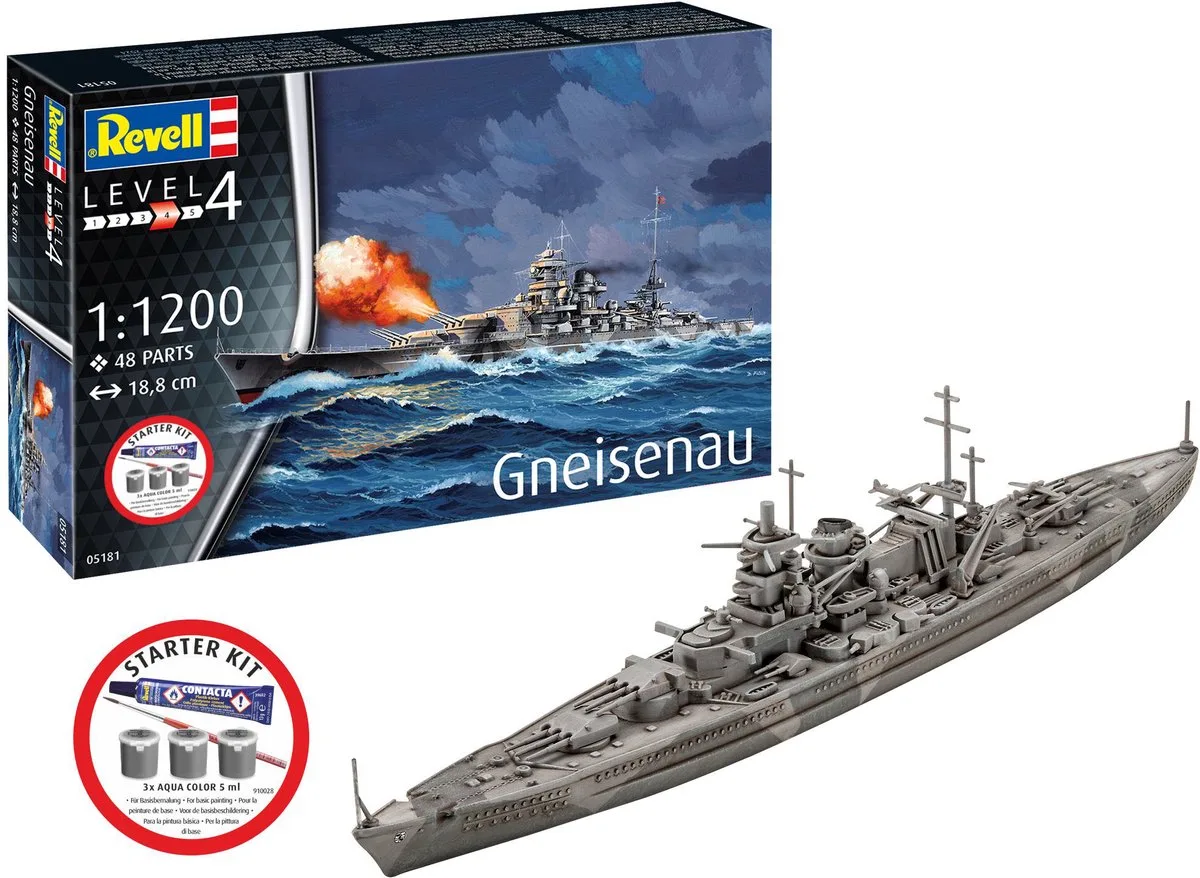 Modelbouwpakket Schepen - 75181 Gneisenau - Scharnhorst-klasse - WWII Duits Oorlogschip - Slagschip - Starter Kit Plastic - 1:1200 - Modelbouw van Revell in Meerkleurig – productfoto