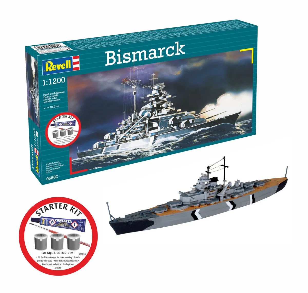 Modelbouwpakket Schepen - 75802 Bismarck - WWII Slagschip Bismarck-klasse - Duits Oorlogsschip - Starter Kit Plastic - 1:1200 - Modelbouw van Revell in Meerkleurig – productfoto