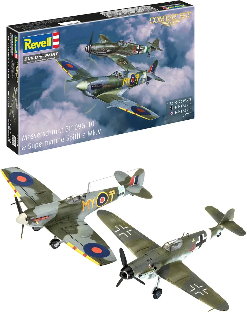 Modelbouwpakket Vliegtuigen - 03710 Messerschmitt Bf 109G-10 - Supermarine Spitfire Mk.V WWII - 2 Jachtvliegtuigen - Combat Set Plastic - 1:72 - Modelbouw van Revell in Meerkleurig – productfoto