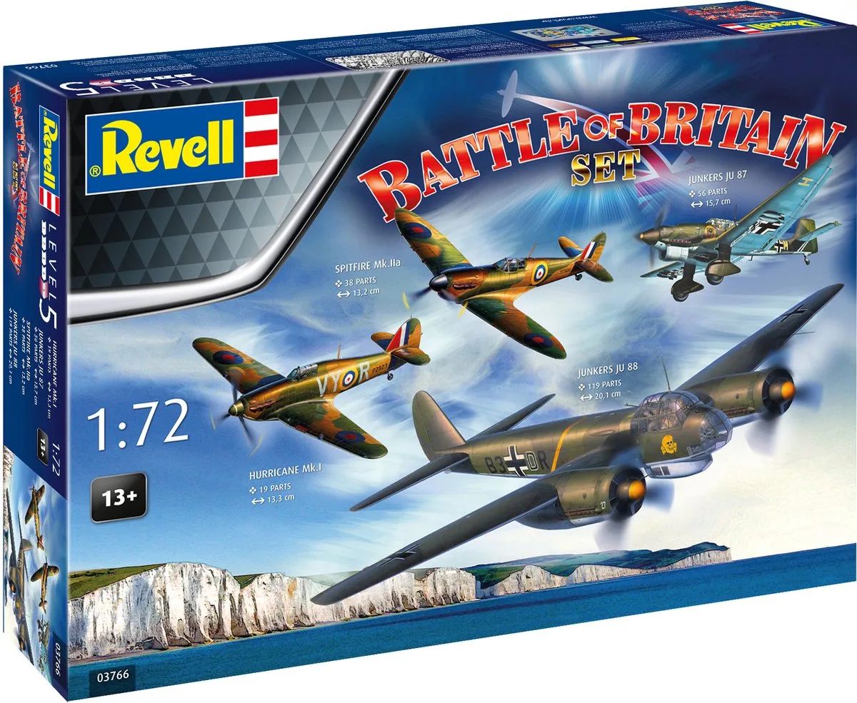 Modelbouwpakket Vliegtuigen - 03766 Battle of Britain 85th Anniversary - Spitfire + Hurricane + 2x Junkers - Vliegtuigen Plastic - 1:72 - Modelbouw van Revell in Meerkleurig – productfoto