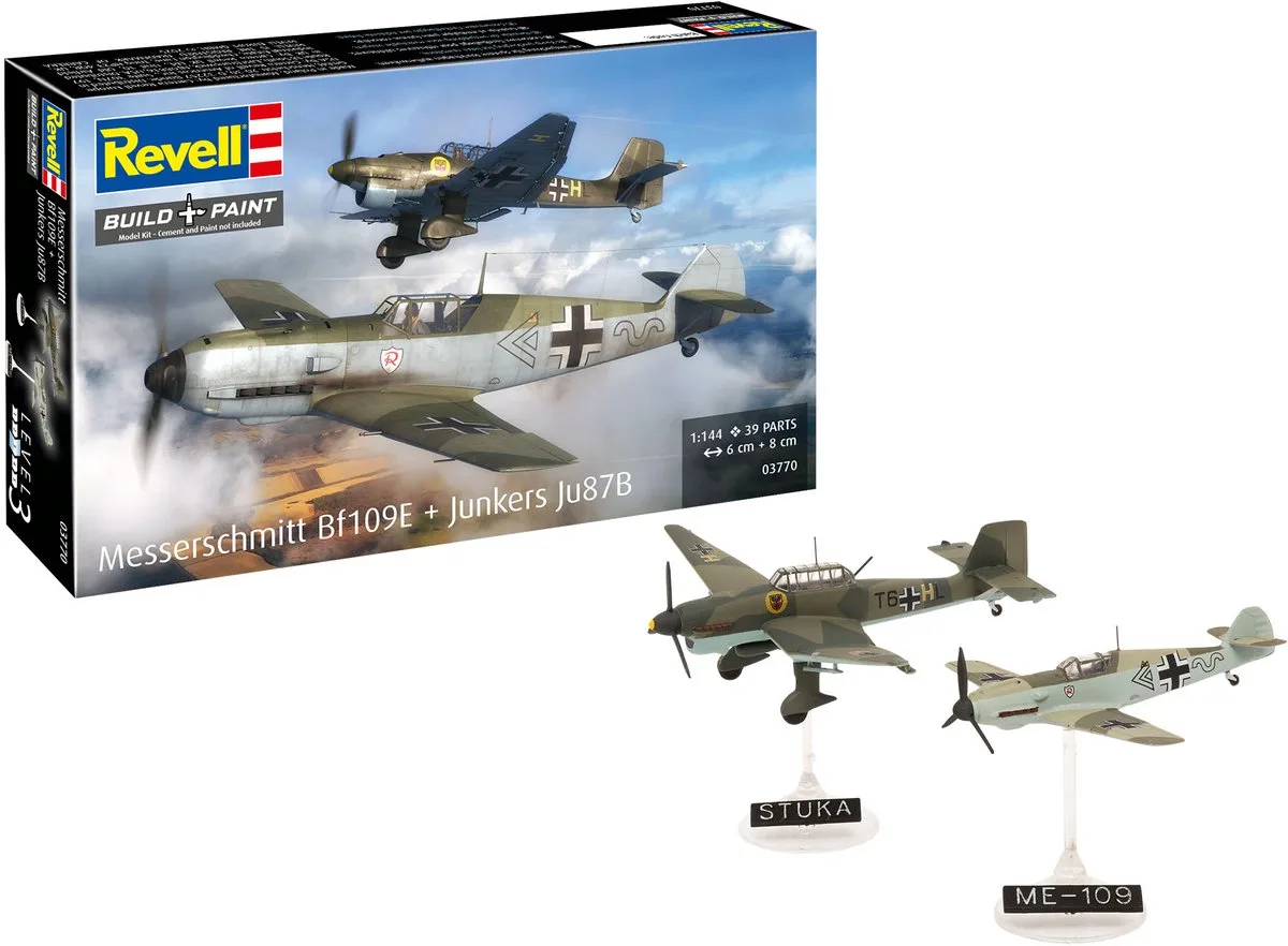 Modelbouwpakket Vliegtuigen - 03770 Messerschmitt Bf109E - Junkers Ju87B Stuka - Propeller Vliegtuigen Plastic - 1:144 - Modelbouw de Revell en Multicolore – photo produit