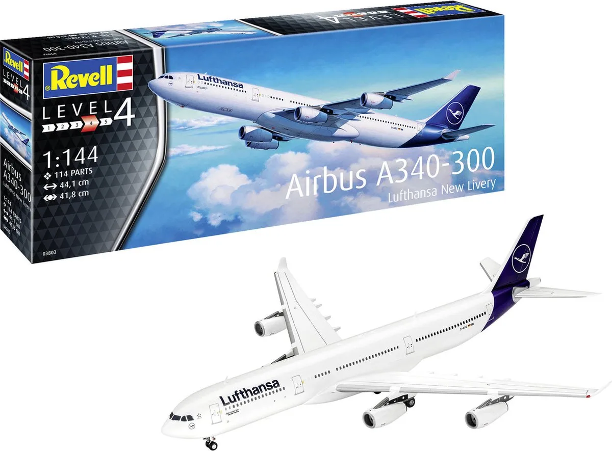 Modelbouwpakket Vliegtuigen - 03803 Airbus A340-300 -Lufthansa- New Livery - Vliegtuig Plastic - 1:144 - Modelbouw van Revell in Meerkleurig – productfoto