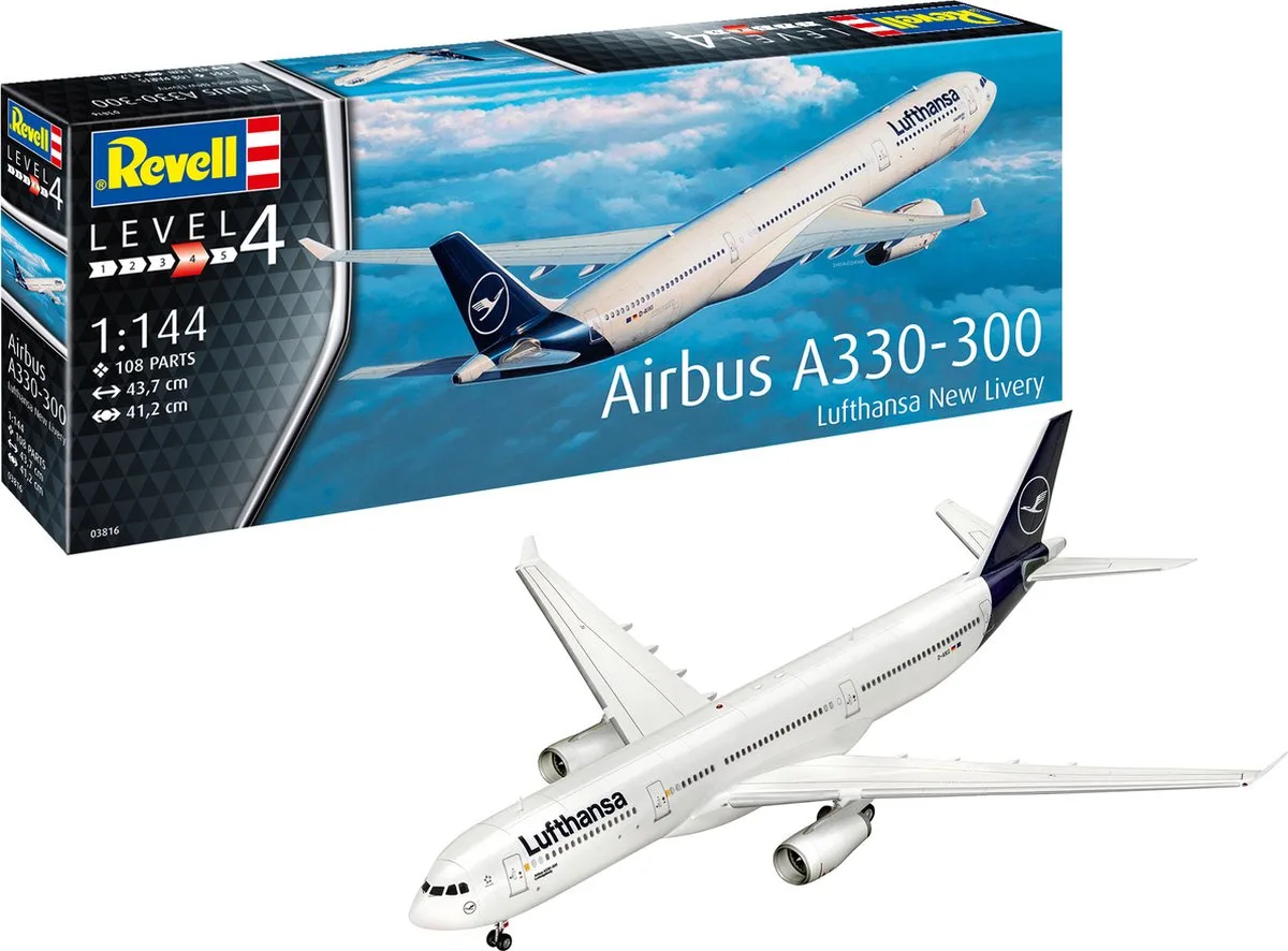 Modelbouwpakket Vliegtuigen - 03816 Airbus Vliegtuig A330-300 - Lufthansa - New Livery Plastic - 1:144 - Modelbouw van Revell in Meerkleurig – productfoto