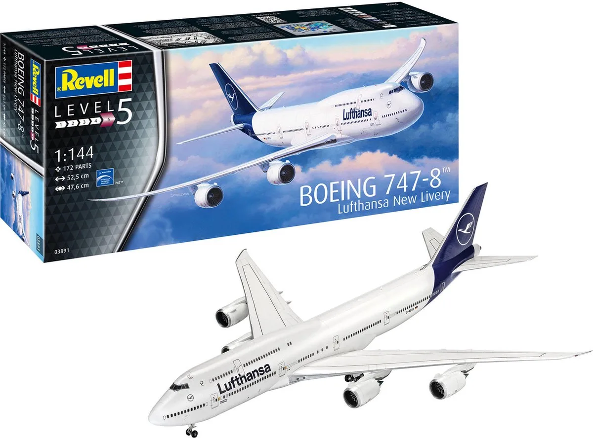 Modelbouwpakket Vliegtuigen - 03891 Boeing 747-8 - Lufthansa - New Livery Plastic - 1:144 - Modelbouw van Revell in Meerkleurig – productfoto