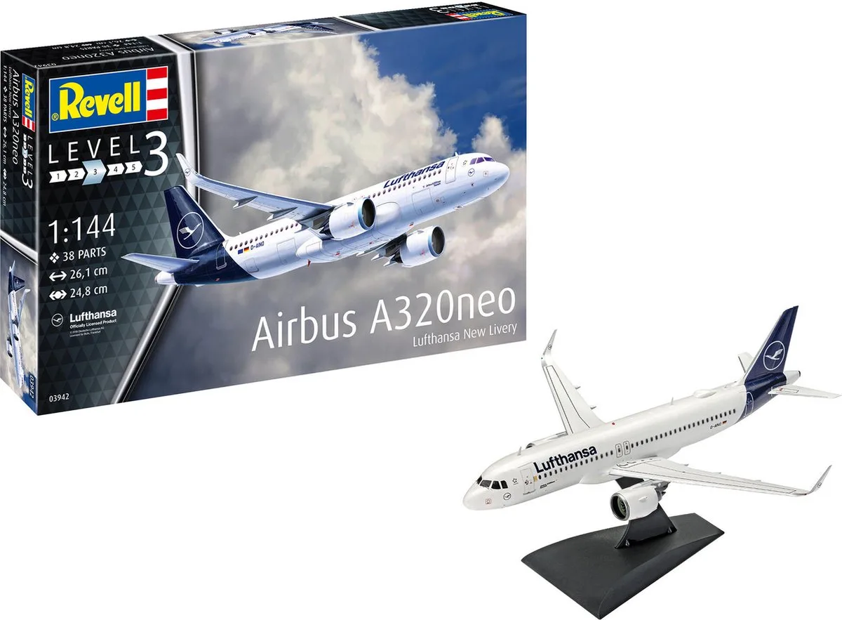 Modelbouwpakket Vliegtuigen - 03942 Airbus A320neo - Lufthansa - New Livery Plastic - 1:144 - Modelbouw van Revell in Meerkleurig – productfoto