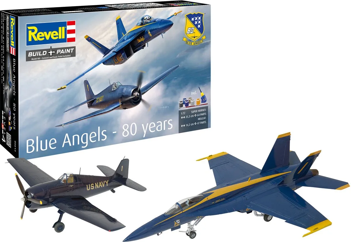Modelbouwpakket Vliegtuigen - 05613 Blue Angels - 80 Years - Boeing F/A-18E Super Hornet - Grumman F6F-5 Hellcat - Geschenkset Plastic - 1:72 - Modelbouw van Revell in Blauw – productfoto