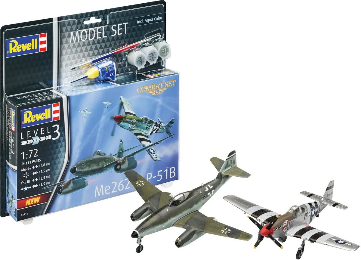 Modelbouwpakket Vliegtuigen - 63711 Messerschmitt Me 262 - P-51B Mustang WWII - 2 Jachtvliegtuigen - Model Set Plastic - 1:72 - Modelbouw van Revell in Meerkleurig – productfoto