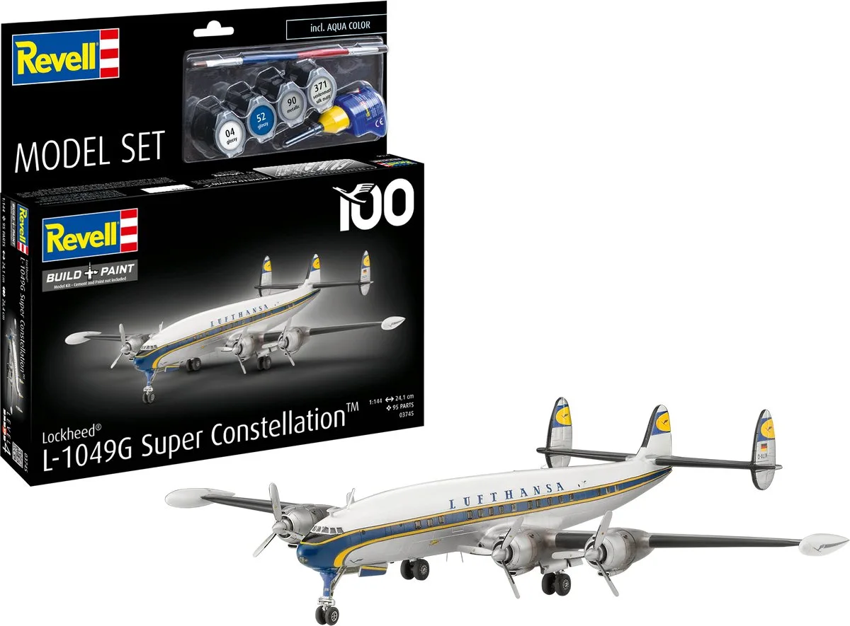 Modelbouwpakket Vliegtuigen - 63745 Lockheed L.1049G Super Constellation - Lufthansa 100 - Duits Passagiersvliegtuig - Model Set Plastic - 1:144 - Modelbouw van Revell in Meerkleurig – productfoto