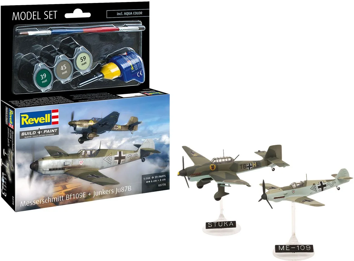 Modelbouwpakket Vliegtuigen - 63770 Messerschmitt Bf109E - Junkers Ju87B Stuka - Propeller Vliegtuigen - Model Set Plastic - 1:144 - Modelbouw van Revell in Meerkleurig – productfoto