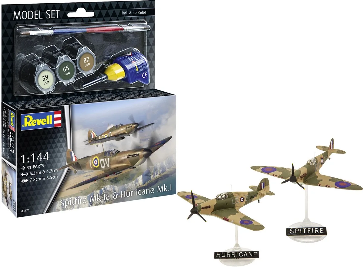 Modelbouwpakket Vliegtuigen - 63771 Spitfire Mk.1a - Hurricane Mk.1 - Propeller Vliegtuigen - Model Set Plastic - 1:144 - Modelbouw van Revell in Meerkleurig – productfoto