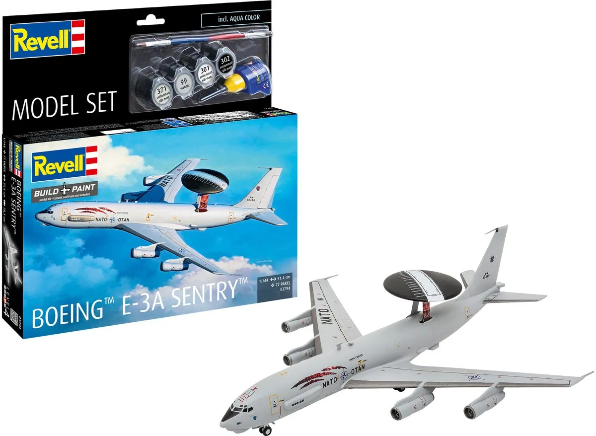 Modelbouwpakket Vliegtuigen - 63794 Boeing E-3A Sentry / AWACS - Amerikaanse Straaljager - Model Set Plastic - 1:144 - Modelbouw de Revell en Multicolore – photo produit