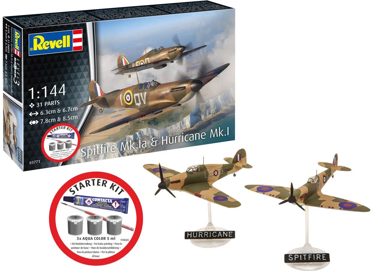 Modelbouwpakket Vliegtuigen - 73771 Spitfire Mk.1a - Hurricane Mk.1 - WWII Britse Propellervliegtuigen - Starter Kit Plastic - 1:144 - Modelbouw de Revell en Multicolore – photo produit