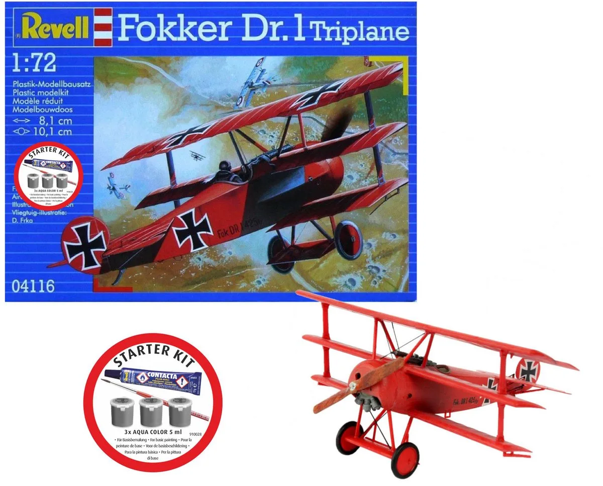Modelbouwpakket Vliegtuigen - 74116 Fokker Dr.1 Triplane - WWI Duits Gevechtsvliegtuig - Propellervliegtuig - Starter Kit Plastic - 1:72 - Modelbouw de Revell en Multicolore – photo produit