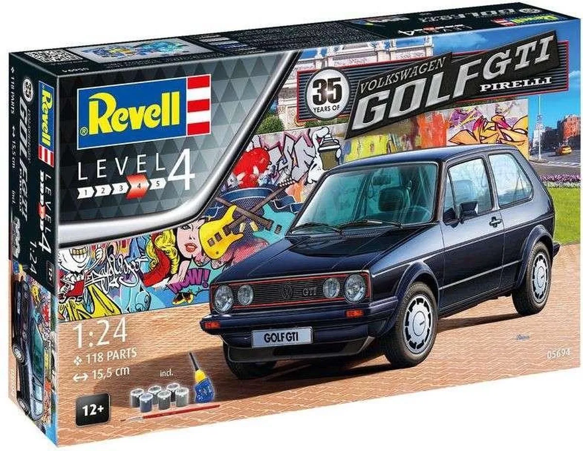 Modelbouwpakket VW Golf 1 GTI Pirelli Auto - 05694 35 Years - Gift Set - 1:24 van Revell in Meerkleurig – productfoto