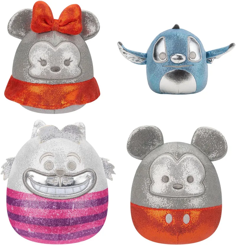 Disney 100th Anniversary 4Pack set1 - 5inch Squishmallow (Incl. Adoptiecertificaat) van Squishmallows in Mickey Mouse, Stitch, Cheshire Cat en Minnie Mouse – productfoto